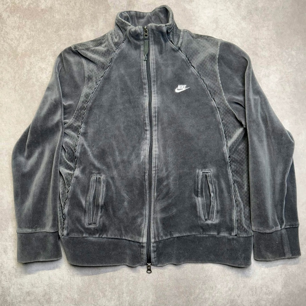 Vintage Nike Sportswear Women L Gray Velour Zip Track Jacket Braided Trim y2k *